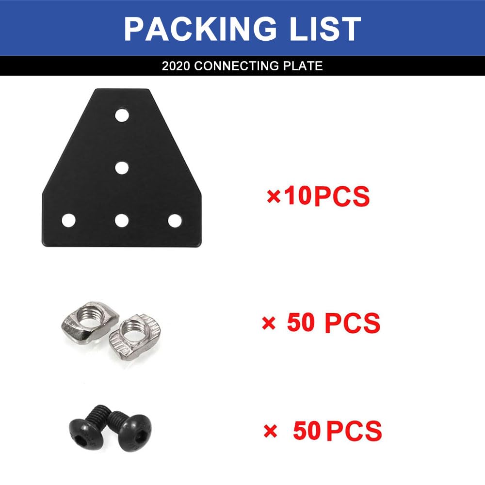 SeekLiny 2020 Aluminum Extrusion Connector Bracket Set Included 10PCS Joint Plates,50Pcs M5 T-Slot Nuts and 50Pcs M5x8mm Hex Socket Cap Screw for 2020 Series Aluminum Profile 3D Printer Frame
