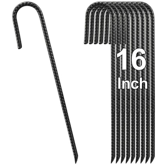 Rebar Stakes 16 Inch, J Hook Ground Stakes, Metal Garden Stakes 10 Pack, Heavy Duty Ground Tent Stakes Ground Anchors for Camping, Garden, Trampoline, Fence