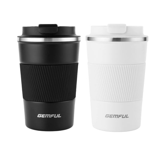GEMFUL Set of 2 380ml Insulated Travel Mugs Leak Proof Stainless Steel Coffee Tumblers Double Wall Vacuum Coffee Cups to Go for Hot Cold Drinks Office Car Commute 13oz (Black+White)