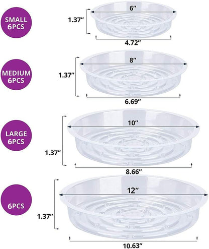 24 Pack Plant Saucer, Clear Plastic Plant Pot Saucer, Made of Thicker, Stronger Plastic, with Unique Design, Durable Flower Plant Tray for Indoor and Outdoor Plants(4 Size, 6/8/10/12 Inch)