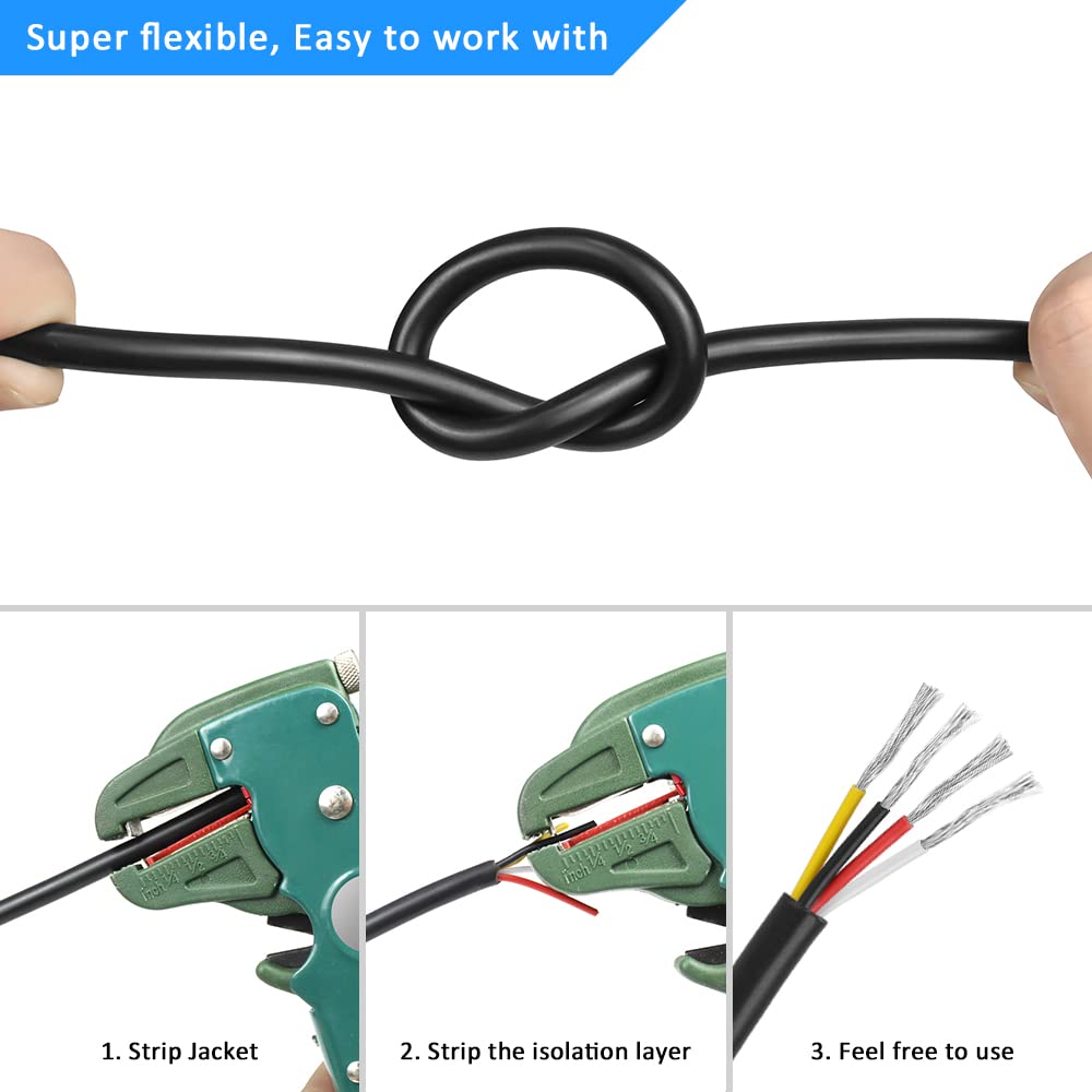 DEKIEVALE 18 Gauge 4 Conductor Wire, 32.8FT Black PVC Stranded Shielded Tinned Copper Wire, 18/4 Speaker Wire, Audio Power Cable, Flexible 18AWG Wire for Security/Alarm/Access Control/Sound