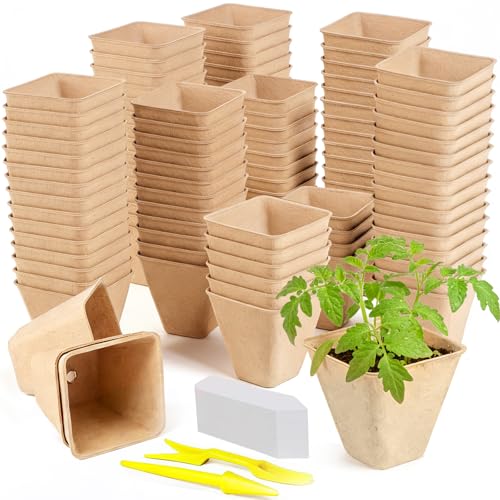 Doubleggs 150 Packs Square Peat Pots, 3.15-Inch Biodegradable Seed Starter Pots for Germination, Nursery Planting Trays with 100 Labels and 2 Transplant Tools