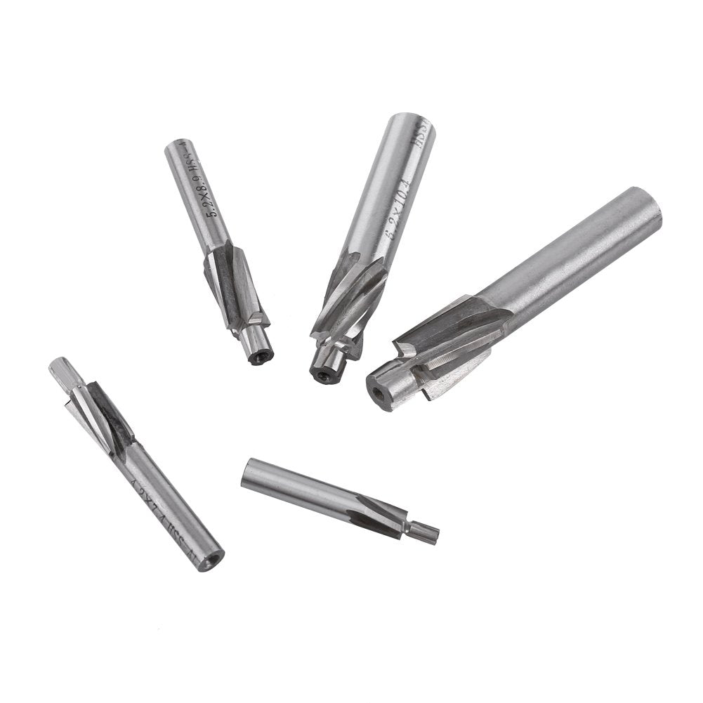 Hilitand 5pcs Counterbore Drill Bits Set, 4 Flutes Straight End Mill Cutter HSS Countersink Slot End Mill Cutter M3-M8 for Copper Aluminum Cast Iron, Milling Cutter