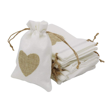 30pcs Burlap Bags, Jute Drawstring Pouches Wedding Gift Bags Jewelry Candy Pouch for Wedding Shower Birthday Christmas Party Favors DIY Craft (White with Brown Heart)