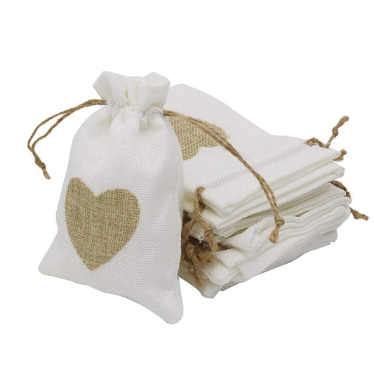 30pcs Burlap Bags, Jute Drawstring Pouches Wedding Gift Bags Jewelry Candy Pouch for Wedding Shower Birthday Christmas Party Favors DIY Craft (White with Brown Heart)