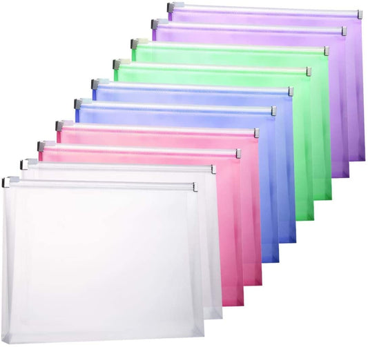 YoeeJob Plastic Envelopes, 10PCS Poly Envelopes with Zipper, Legal Size Expanding Plastic Zip Envelopes for Office School Home, Multi-Color 10 Pcs