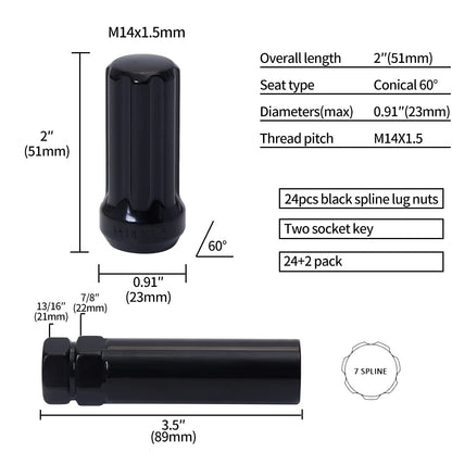 Acorn M14x1.5 Black Lug Nuts - 2" Tall, Set of 24 pcs, 2 Socket Keys, 14mmx1.5