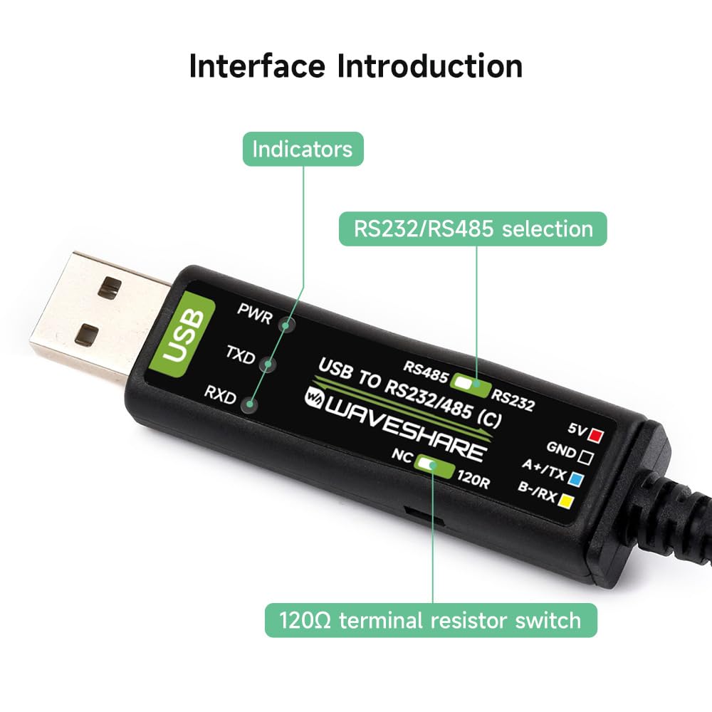 Waveshare USB to RS232/485 Serial Cable, Original FT232RNL Chip, Onboard Power and Signal Indicators, Multi-OS Compatible & Multi-Device Applicable