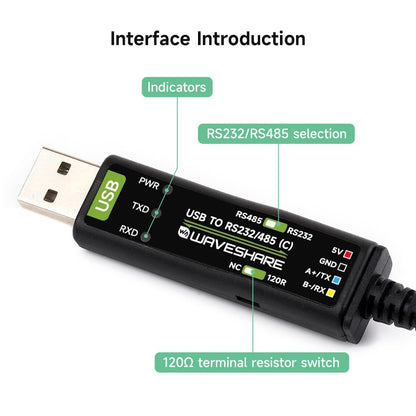 Waveshare USB to RS232/485 Serial Cable, Original FT232RNL Chip, Onboard Power and Signal Indicators, Multi-OS Compatible & Multi-Device Applicable
