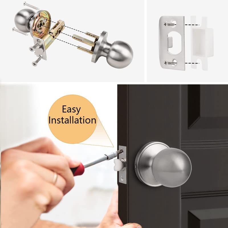 Probrico Brushed Nickel Passage Door Handles, Round Indoor Hallway Closet Door Knob, Keyless Interior Door Handles with Lock, 2Pack