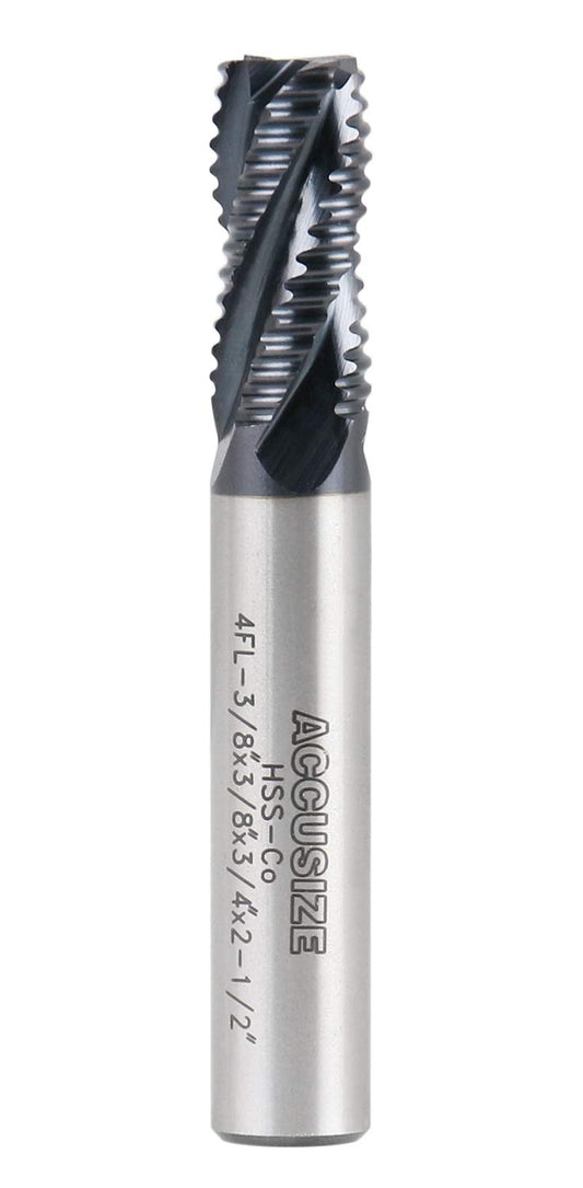 Accusize Industrial Tools 3/8'' Dia by 3/8'' Shk Dia Coarse Tooth M42 8% Cobalt Tialn Roughing End Mill, 3/4'' Flt Length, 2-1/2'' Oal, 1102-0038