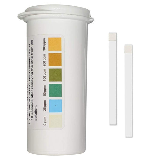 Restaurant Chlorine Sanitizer Plastic Test Strips, 0-300 ppm [Moisture Wicking Vial of 100 Strips]