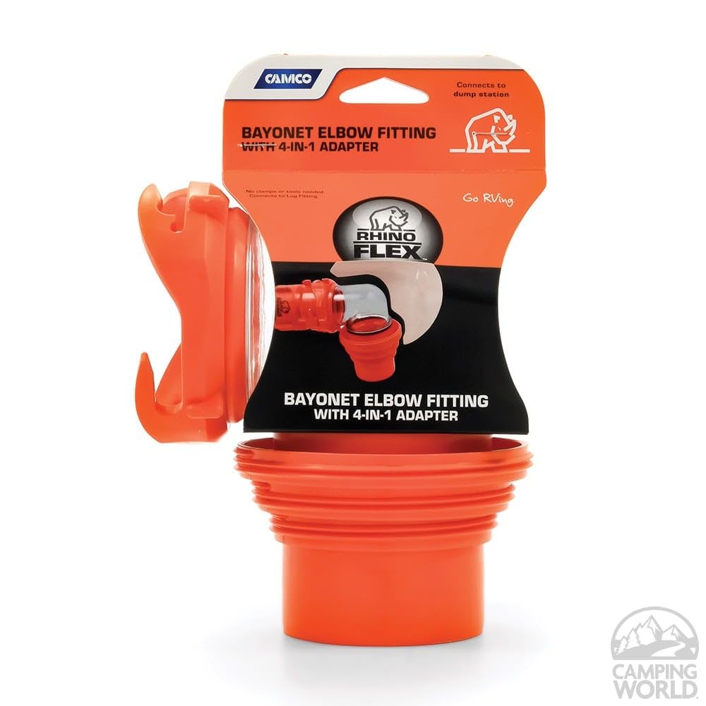Camco 39736 RhinoFLEX Elbow and 4-in-1 Adapter with Swivel Bayonet Fitting, Orange/Clear