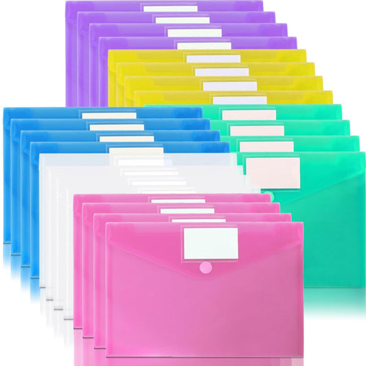 OUTYLTS 24 Pack Plastic Poly Filing Envelopes, Clear Document Folders US Letter A4 Size File Envelopes with Label Pocket & Paste Button for School Home Work Office Organization, 6 Assorted Color