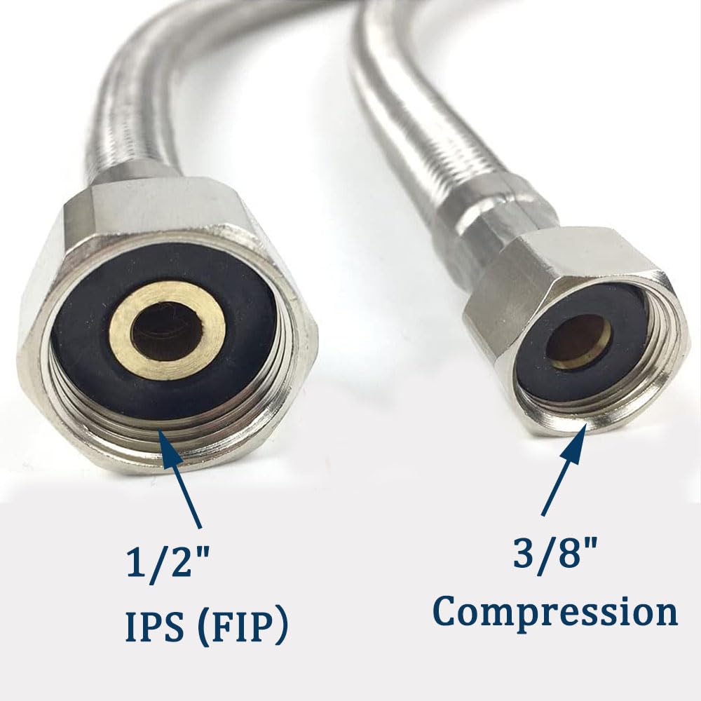 48" Faucet Supply Line,3/8" Comp x 1/2" FIP Flexible Faucet Connector,Stainless Steel Braided Supply Line for Long Distance Use of Faucet Sink, Water Heater, Angle Valve（Plumbers Tape Include）