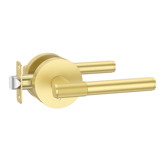 Amerdeco 1 Pack Brushed Gold Door Handles Interior, Knurled Privacy Door Handles, Heavy Duty Gold Door Lever for Bedroom or Bathroom, Reversible Keyless for Left Right Handed Doors AM0018