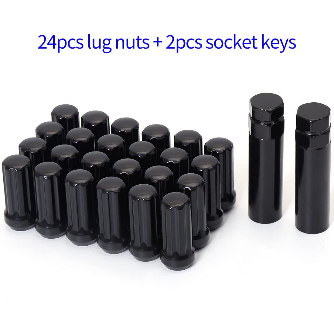 Acorn M14x1.5 Black Lug Nuts - 2" Tall, Set of 24 pcs, 2 Socket Keys, 14mmx1.5