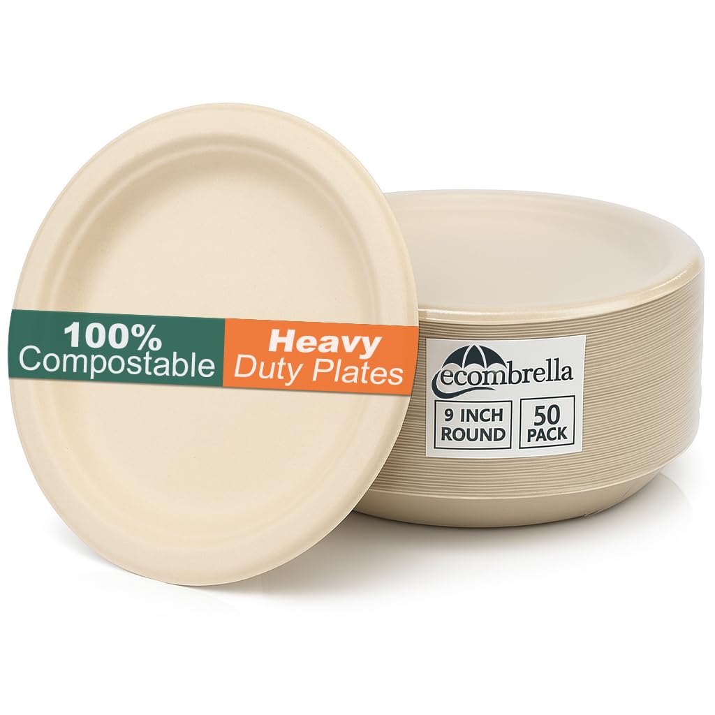 ECOMBRELLA Paper Plates, 9 Inch Round Compostable Disposable Plates, Heavy-Duty Leak-Resistant, Eco-Friendly Sugarcane Bagasse Dinner Plates, Microwave Safe, 50 Count