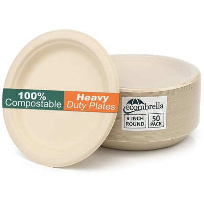 ECOMBRELLA Paper Plates, 9 Inch Round Compostable Disposable Plates, Heavy-Duty Leak-Resistant, Eco-Friendly Sugarcane Bagasse Dinner Plates, Microwave Safe, 50 Count