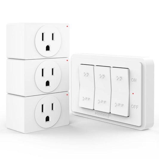 Fosmon Remote Control Outlet (3 Outlet, 1 Switch) Indoor Wireless Remote Light Switch Kit, Electrical Plug with Braille (On/Off Power) for Lamp Light Fan, Expandable (15A, 125V 1875W) ETL Listed