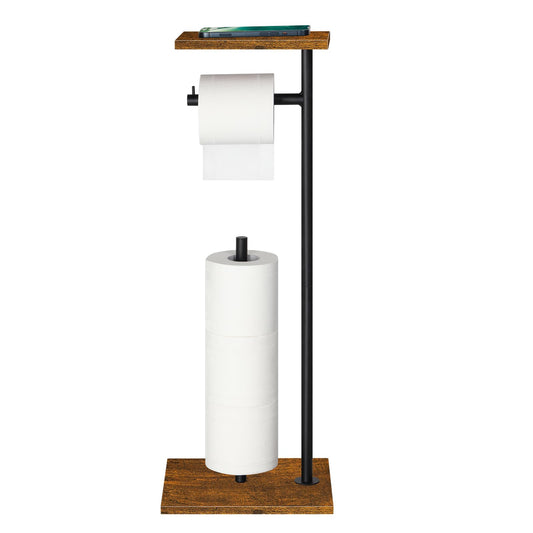 Free Standing Toilet Paper Holder Tissue Paper Holder Stand with Wood Shelf Rustic Toilet Paper Roll Holder Standing for Farmhouse Bathroom Washroom Rustic Brown