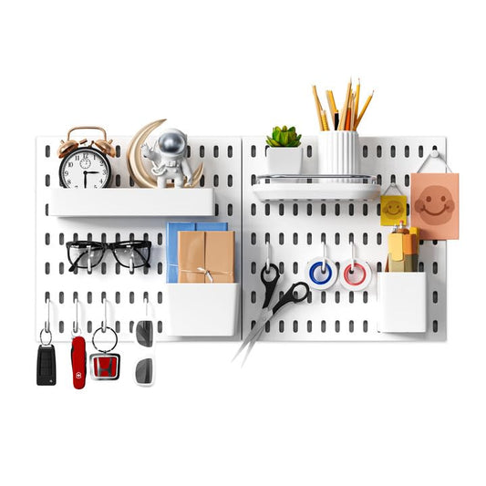 White Plastic Pegboard Organizer Wall Panel, Home Office Kitchen Garage Peg Board Wall Organizer Panels with Hooks Desk Adhesive Pegboards Rack Accessories Kit Display (2 Boards -8 Accessories)