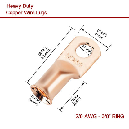 2/0 AWG 3/8" Stud (10 pcs.), Heavy Duty Battery Ring Terminal, 00 Gauge Connectors, 2/0 Copper Wire Lugs, Copper Ring Terminals, Battery Cable Ends, Bare Copper, Tubular Ring Terminal Connectors