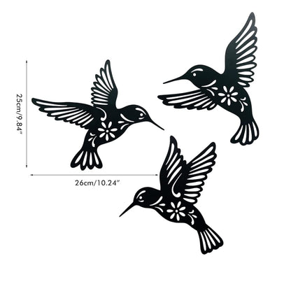 3 Pieces Metal Hummingbird Wall Art Decor, Hollow Out Iron Bird Sculpture, Indoor & Outdoor Wall Hanging Figurines for Garden, Living Room, Bedroom (Black)