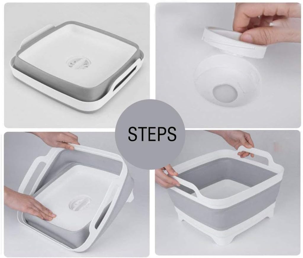 Collapsible Dish Basin with Drain Plug Dish Storage Rack Basket for 9L Capacity Portable Storage Container for Kitchen Motorhome Camper Vegetable Washing, RV