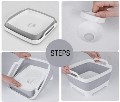 Collapsible Dish Basin with Drain Plug Dish Storage Rack Basket for 9L Capacity Portable Storage Container for Kitchen Motorhome Camper Vegetable Washing, RV