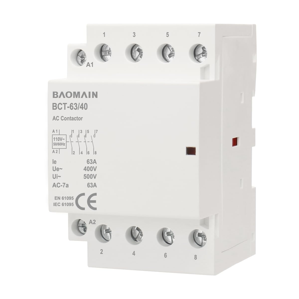 Baomain 110V AC 4-Pole Modular Contactor, 63A 4NC Normally Closed, DIN Rail Mount for HVAC, Motor, Pump & Lighting Control BCT-63/04-110VAC