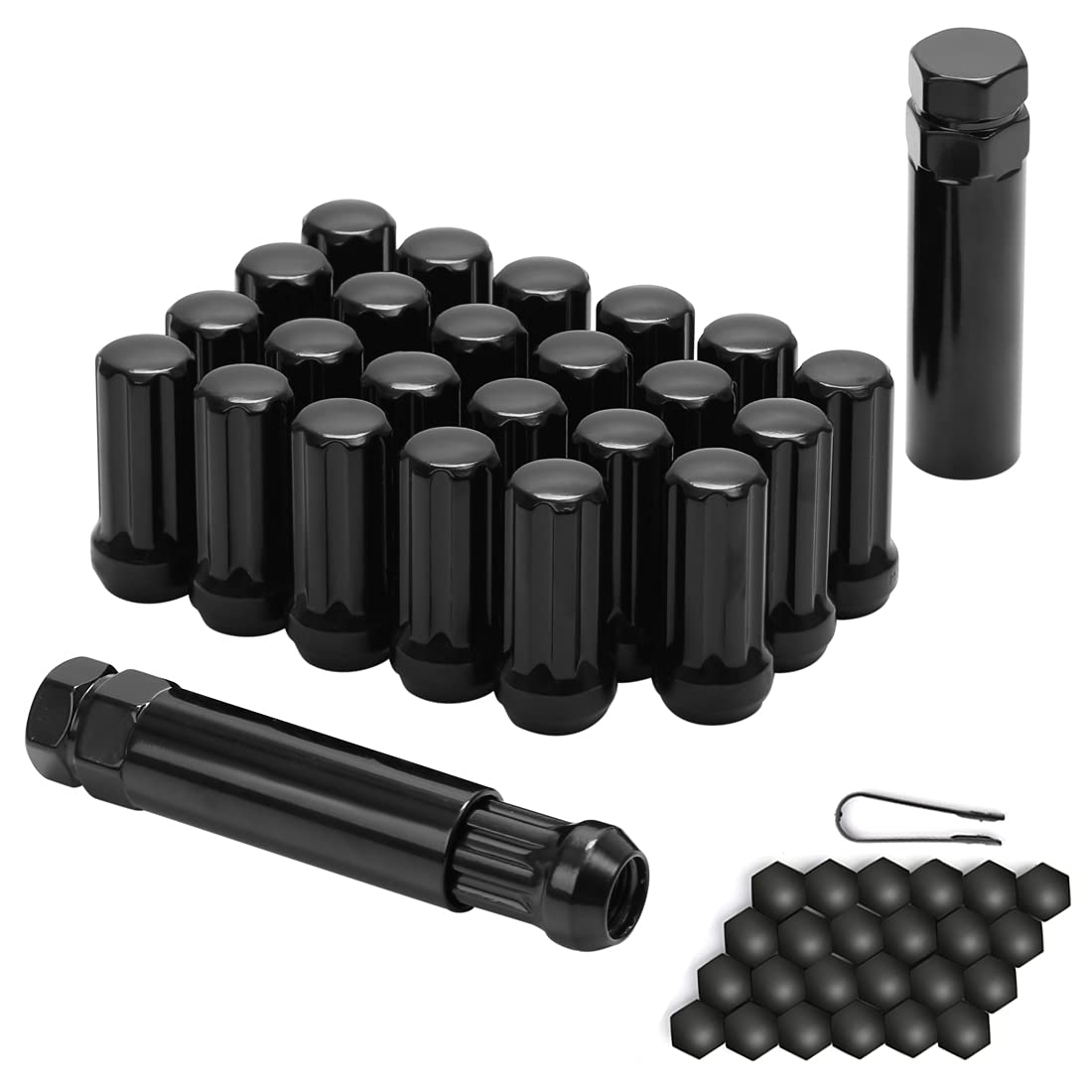 Acorn M14x1.5 Black Lug Nuts - 2" Tall, Set of 24 pcs, 2 Socket Keys, 14mmx1.5
