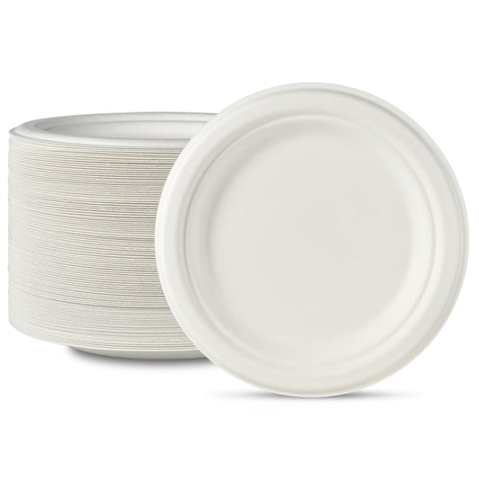 Compostable Disposable Paper Plates, 100pcs 9 Inch White Party Plates Heavy Duty Microwaveable Food Safe BPA Free, for Foodware Events Activities Crafts Projects