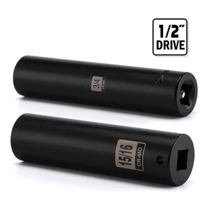 EMENTOL 2PCS 1/2 Inch Drive Extra Long Deep Impact Socket Set- 3/4 Inch and 15/16 Inch, CR-MO, SAE, 6 Point Extra Deep Socket, 5" Length