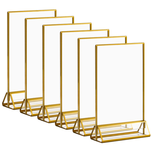 Acrylic Gold Sign Holders, 5x7 Vertical Clear Picture Frames with Gold Borders, Double Sided Table Menu Display Stand for Restaurant Signs, Wedding Table Numbers, Photos and Art Display - 6 Pack