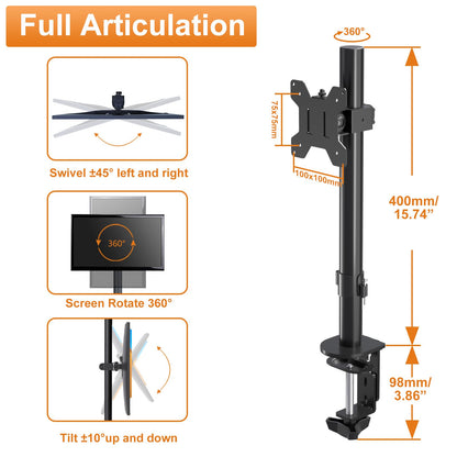Bracwiser Single Fully Adjustable Monitor Arm Stand Mount Fits One Screen 13-32 inch 22lbs for Monitor Computer Screen 13 15 17 19 20 22 23 24 26 27 30 32 inch VESA 75 100 (MD7401)