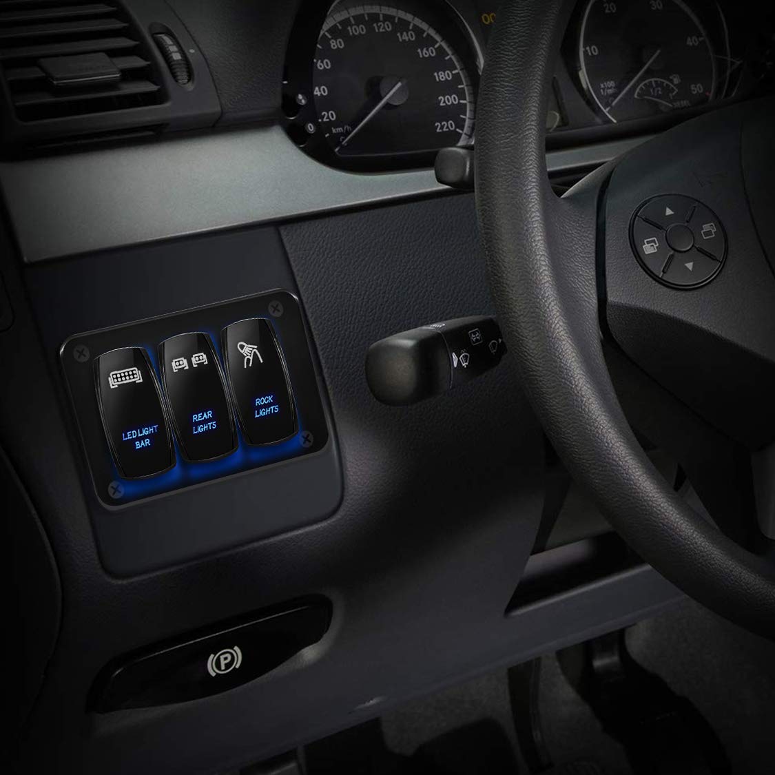 DaierTek LED Light Bar Switch Panel, 3 Gang Rocker Switch Panel, 12V Toggle Switch Panel for Truck Car RZR Jeep RV Automotive Marine Boat Blue 12 Volt Switch Panel Waterproof