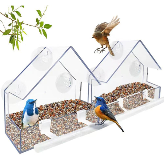 WLLKOO Window Bird Feeder 2 Pack, Bird House for Outside with 4 Rod, Small Acrylic Window Bird Feeder with Strong Suction Cups and Drain Holes 5.9 * 2.4 * 5.9 inch