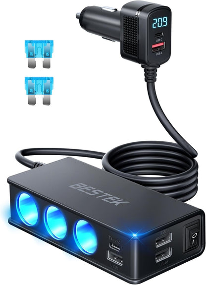 BESTEK 9 in 1 Cigarette Lighter Splitter 148W 3-Socket Car Cigarette Lighter PD30W and 4 USB-A QC3.0 18W with LED Display 12V/24V Cigarette Lighter Adapter for Dash Cam, GPS, iPad/Laptop/Phone