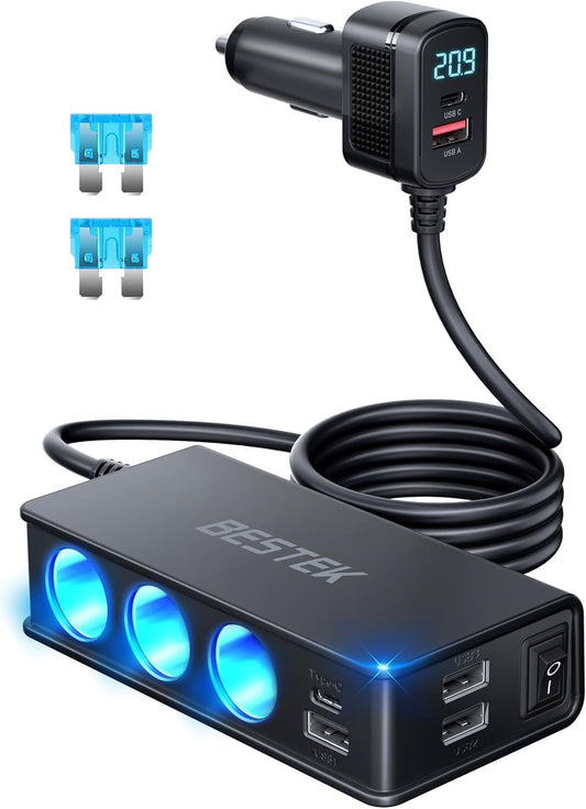 BESTEK 9 in 1 Cigarette Lighter Splitter 148W 3-Socket Car Cigarette Lighter PD30W and 4 USB-A QC3.0 18W with LED Display 12V/24V Cigarette Lighter Adapter for Dash Cam, GPS, iPad/Laptop/Phone