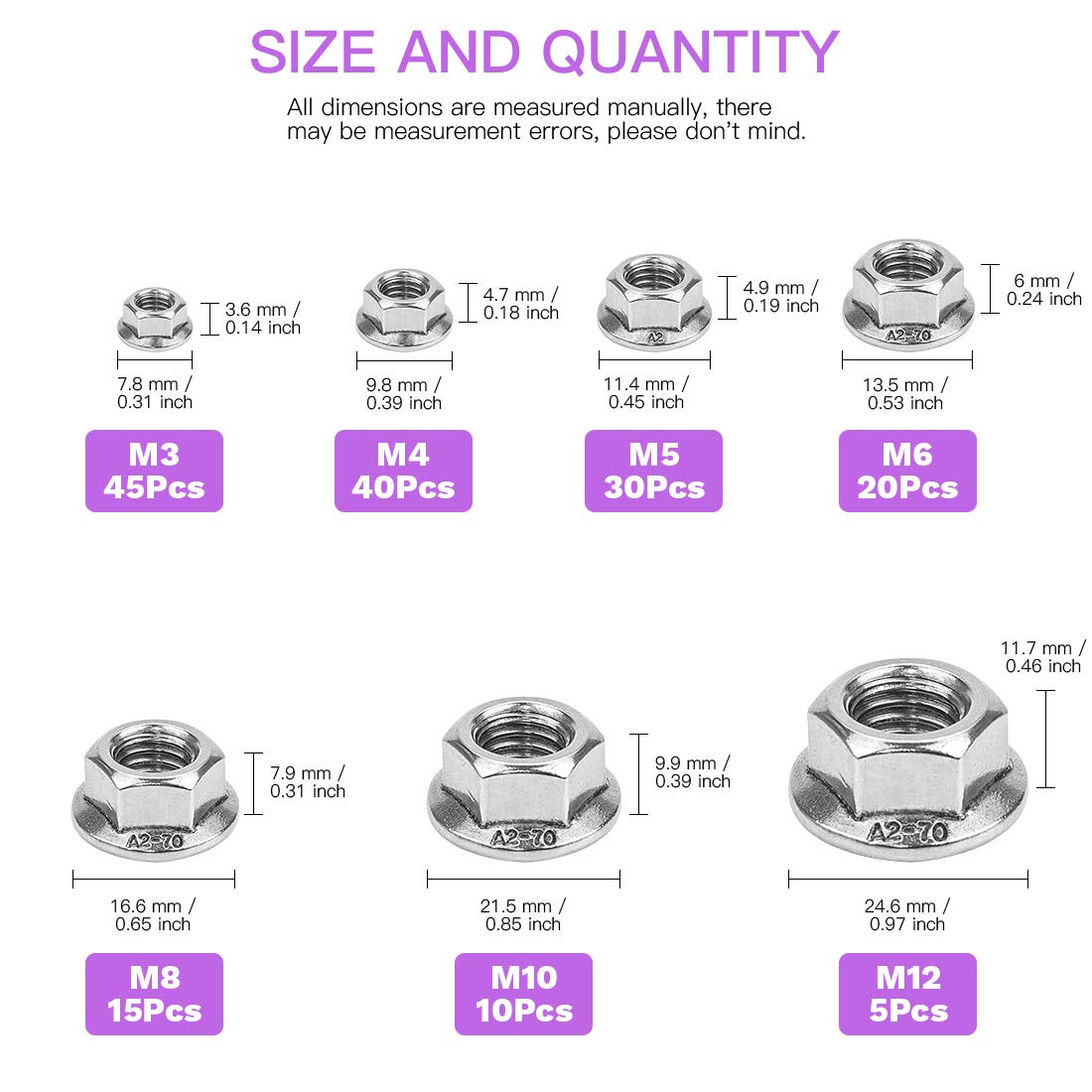 165Pcs 304 Stainless Steel Serrated Metric Flange Nuts Hex Lock Nuts Assortment Kit, 7 Sizes - M3 M4 M5 M6 M8 M10 M12