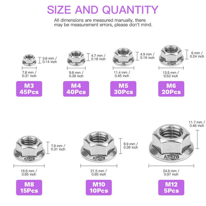 165Pcs 304 Stainless Steel Serrated Metric Flange Nuts Hex Lock Nuts Assortment Kit, 7 Sizes - M3 M4 M5 M6 M8 M10 M12