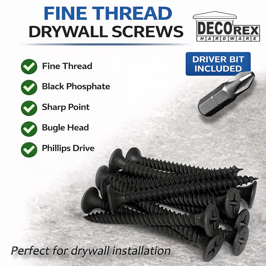 #6 x 1-5/8" Drywall Screws – Fine Thread, Sharp Point, Phillips Drive, Bugle Head, Black Phosphate – Contractor-Grade Drywall & Wood Fasteners + Driver Bit Included (500pcs)