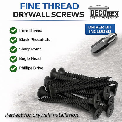 #6 x 1-5/8" Drywall Screws – Fine Thread, Sharp Point, Phillips Drive, Bugle Head, Black Phosphate – Contractor-Grade Drywall & Wood Fasteners + Driver Bit Included (500pcs)