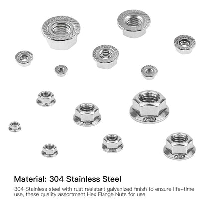 165Pcs 304 Stainless Steel Serrated Metric Flange Nuts Hex Lock Nuts Assortment Kit, 7 Sizes - M3 M4 M5 M6 M8 M10 M12