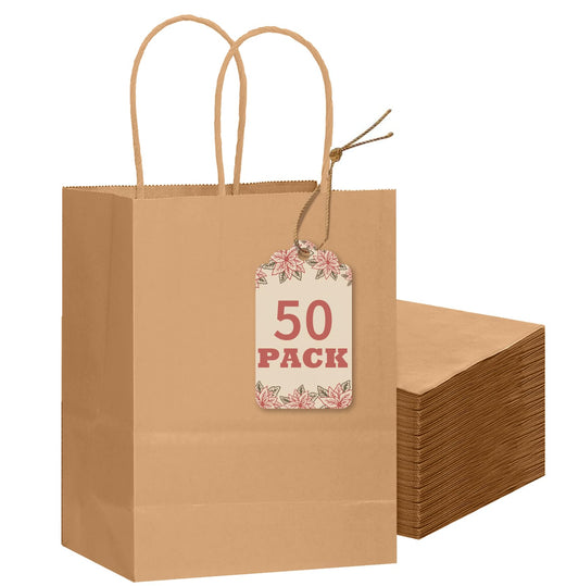 qiqee 50-Packs Brown Paper Gift Bags with Handles Bulk 8.3"x3"x 6" Small Size Paper Bags Multiple Uses(15x8x21cm,Small Size)