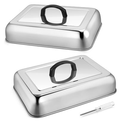 2Pcs 13 x 9.8" Basting Cover for Griddle, Joyfair Rectangular Cheese Melting Dome, Stainless Steel Melt Lid for Outdoor Flat Top Grill, Heat-Resistant Handle & Dishwasher Safe (No Vent)