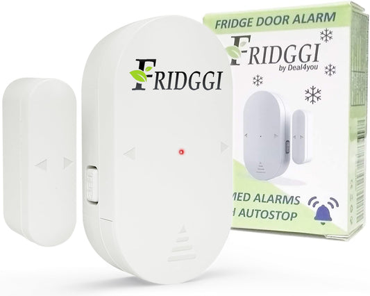 FRIDGGI - Freezer Door Alarm 60 Seconds Delay, 2/3/4 Min Reminders, 4 Modes, 80–110 dB, Refrigerator Door Chime/Alarm – Compact Size (White)