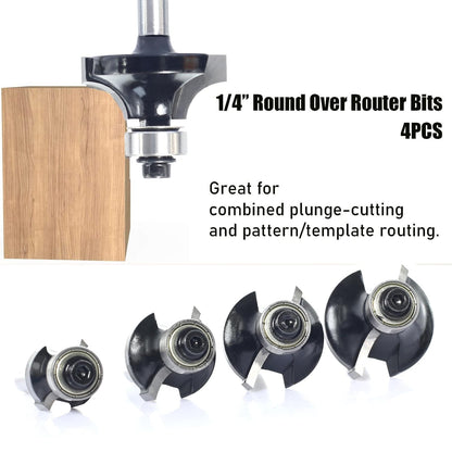 SICWOOD 4pc Roundover Router Bit Set, 1/4 Shank, Carbide, 2 Flute, 1/8", 1/4", 3/8", 5/16" Round-Over Cut, Router Bit Set, Woodworking, CNC Router