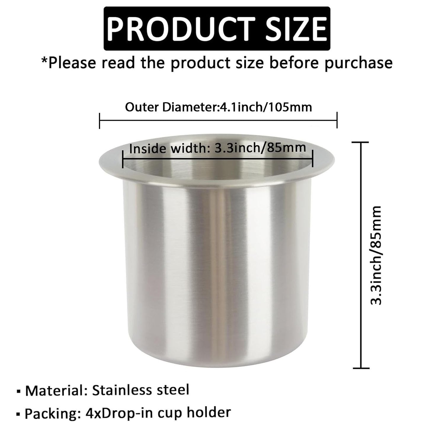 4Pcs Drop-in Cup Holder,304 Stainless Steel Automotive Cup Holders,Silver Poker Table Drink Holder Dining Table Cinema Sofa Yacht Boats Cars Touring RV Car Drop-in Drink Cup Holder